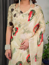 Cream Satin Georgette Saree | Red & Green Artistic Flower Print & Contrast Blouse – Buy Online