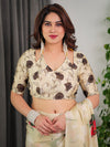 Cream Satin Georgette Saree | Red & Green Artistic Flower Print & Contrast Blouse – Buy Online
