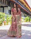 Maroon Peacock Handloom Cotton Saree with Green Contrast Pallu