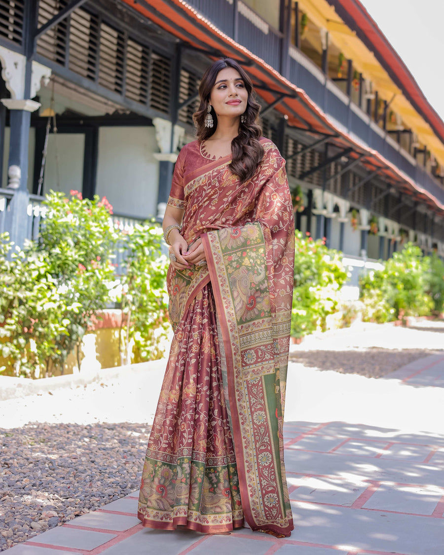 Maroon Peacock Handloom Cotton Saree with Green Contrast Pallu