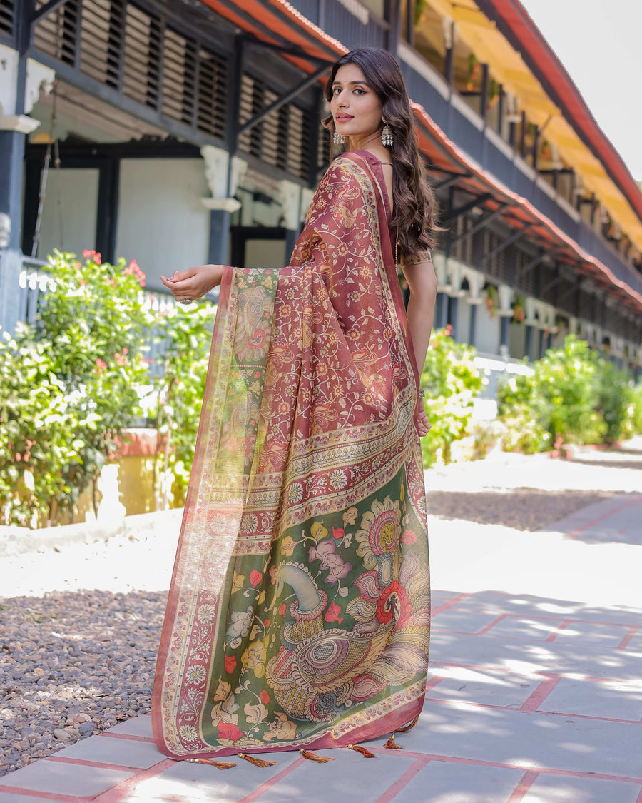 Maroon Peacock Handloom Cotton Saree with Green Contrast Pallu