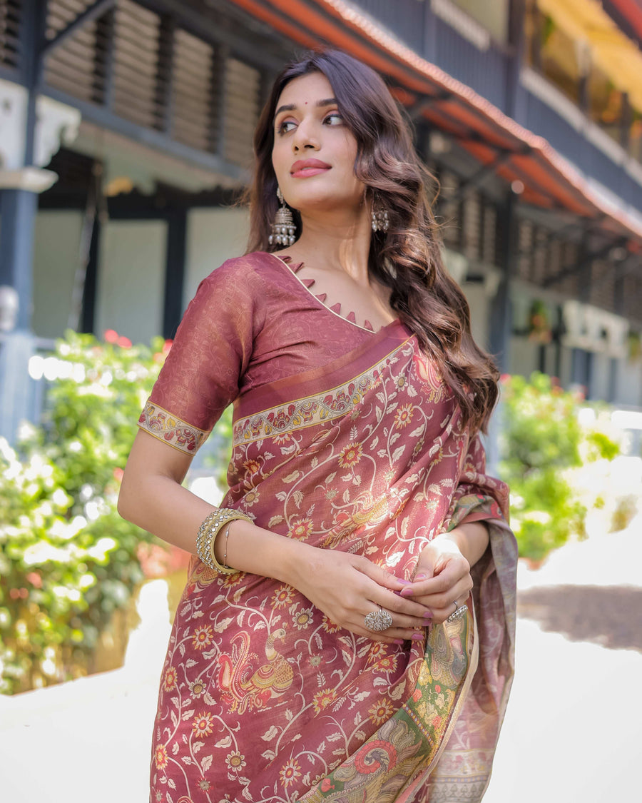 Maroon Peacock Handloom Cotton Saree with Green Contrast Pallu