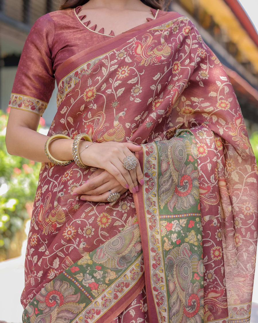 Maroon Peacock Handloom Cotton Saree with Green Contrast Pallu