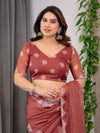 Rust Terracotta Printed Organza Saree with Mandala Motifs & Geometric Border | Designer Lightweight Organza Saree with Multicolour Lace Edge | Festive & Party Wear Saree