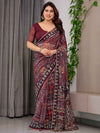 Maroon Tribal Geometric Printed Organza Saree with Kalamkari Inspired Pallu | Designer Ethnic Patchwork Style Organza Saree with Attached Blouse Piece | Festive & Party Wear Saree