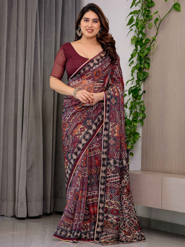 Maroon Tribal Geometric Printed Organza Saree with Kalamkari Inspired Pallu | Designer Ethnic Patchwork Style Organza Saree with Attached Blouse Piece | Festive & Party Wear Saree