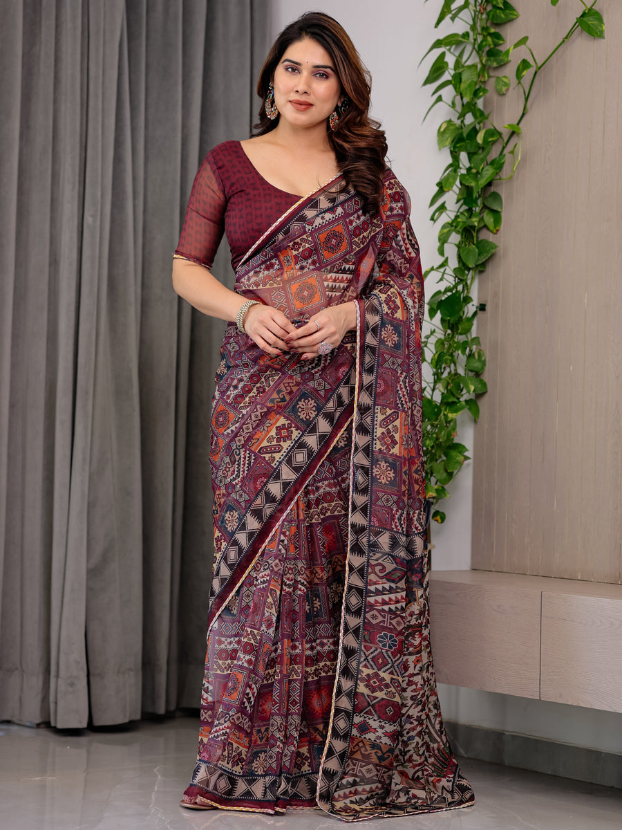 Maroon Tribal Geometric Printed Organza Saree with Kalamkari Inspired Pallu | Designer Ethnic Patchwork Style Organza Saree with Attached Blouse Piece | Festive & Party Wear Saree