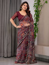 Maroon Tribal Geometric Printed Organza Saree with Kalamkari Inspired Pallu | Designer Ethnic Patchwork Style Organza Saree with Attached Blouse Piece | Festive & Party Wear Saree