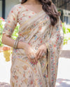 Ivory Cream Handloom Cotton Saree with Peacock & Floral Digital Print