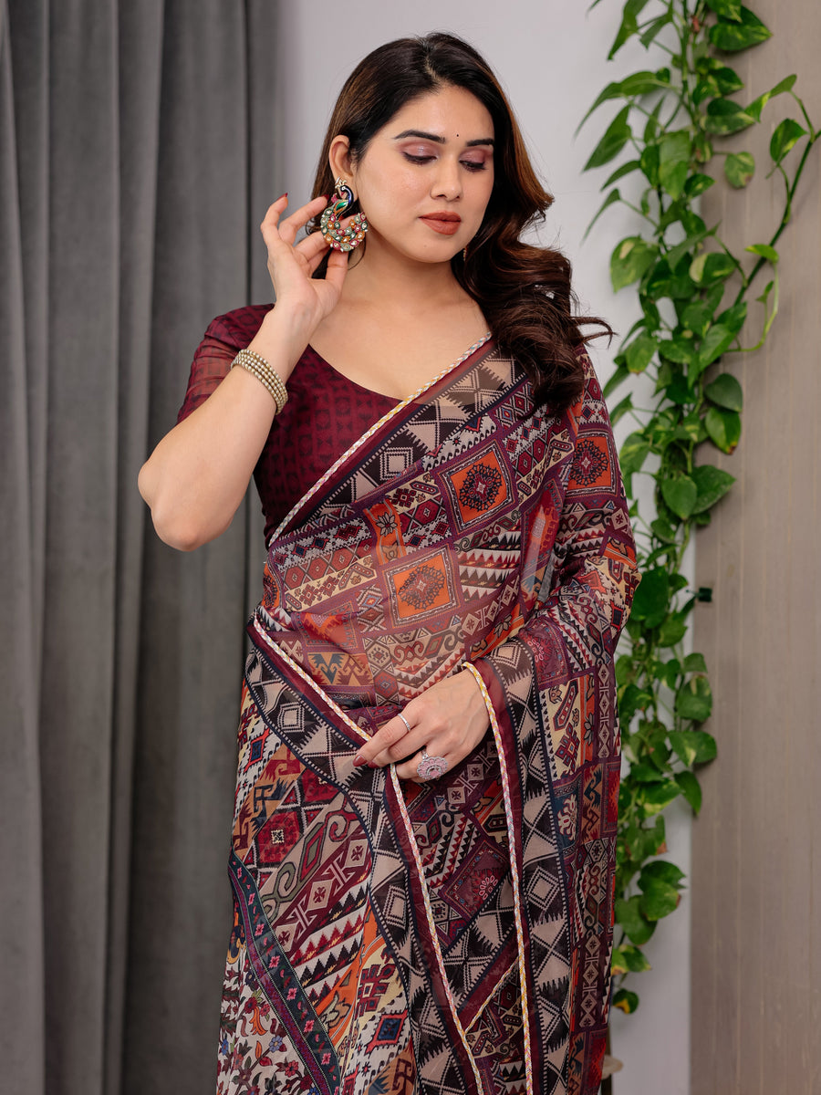 Maroon Tribal Geometric Printed Organza Saree with Kalamkari Inspired Pallu | Designer Ethnic Patchwork Style Organza Saree with Attached Blouse Piece | Festive & Party Wear Saree