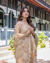 Ivory Cream Handloom Cotton Saree with Peacock & Floral Digital Print