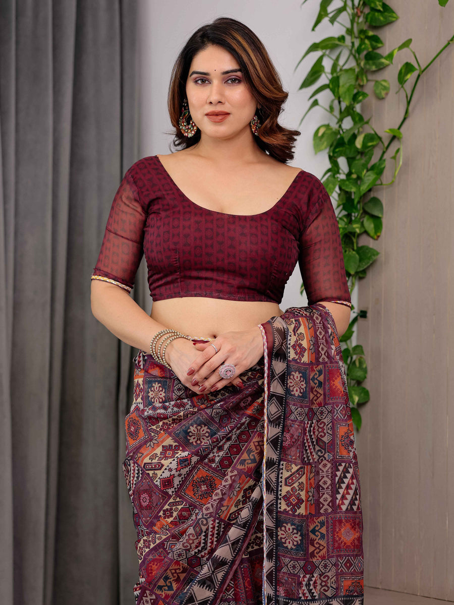 Maroon Tribal Geometric Printed Organza Saree with Kalamkari Inspired Pallu | Designer Ethnic Patchwork Style Organza Saree with Attached Blouse Piece | Festive & Party Wear Saree