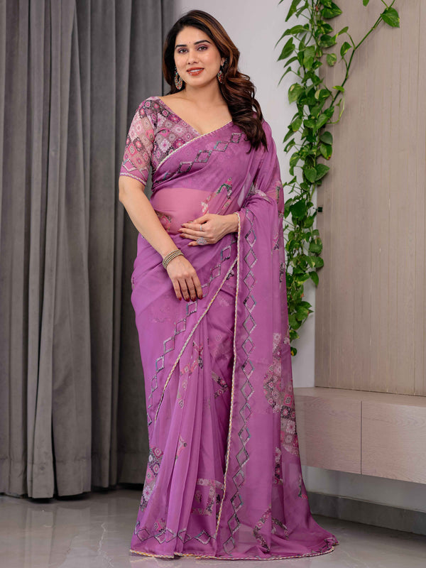 Royal Orchid Pink Printed Organza Saree with Geometric Motif Design & Multicolour Lace Border | Designer Lightweight Organza Saree with Attached Blouse Piece | Festive Wear Saree