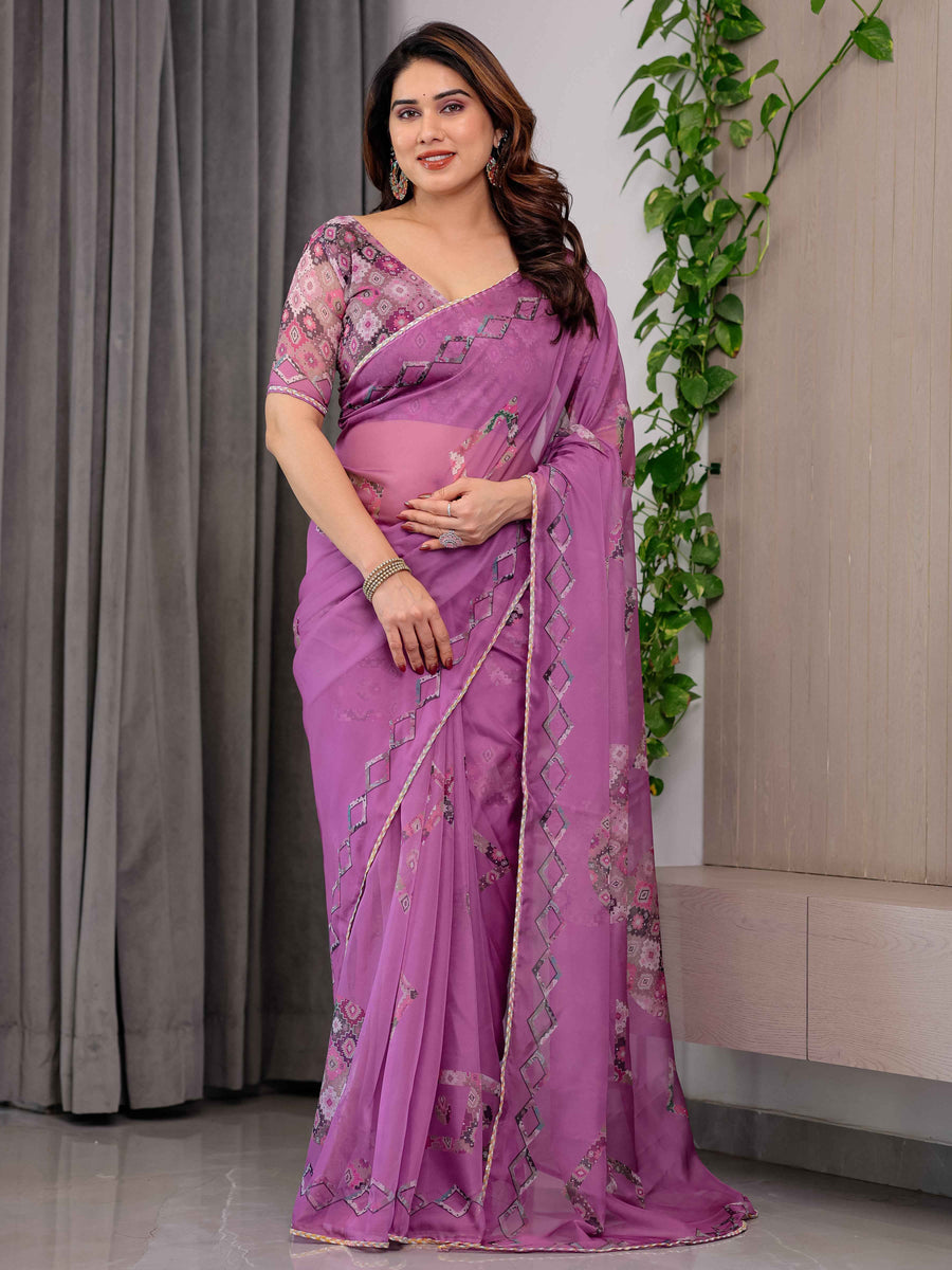 Royal Orchid Pink Printed Organza Saree with Geometric Motif Design & Multicolour Lace Border | Designer Lightweight Organza Saree with Attached Blouse Piece | Festive Wear Saree