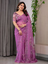 Royal Orchid Pink Printed Organza Saree with Geometric Motif Design & Multicolour Lace Border | Designer Lightweight Organza Saree with Attached Blouse Piece | Festive Wear Saree