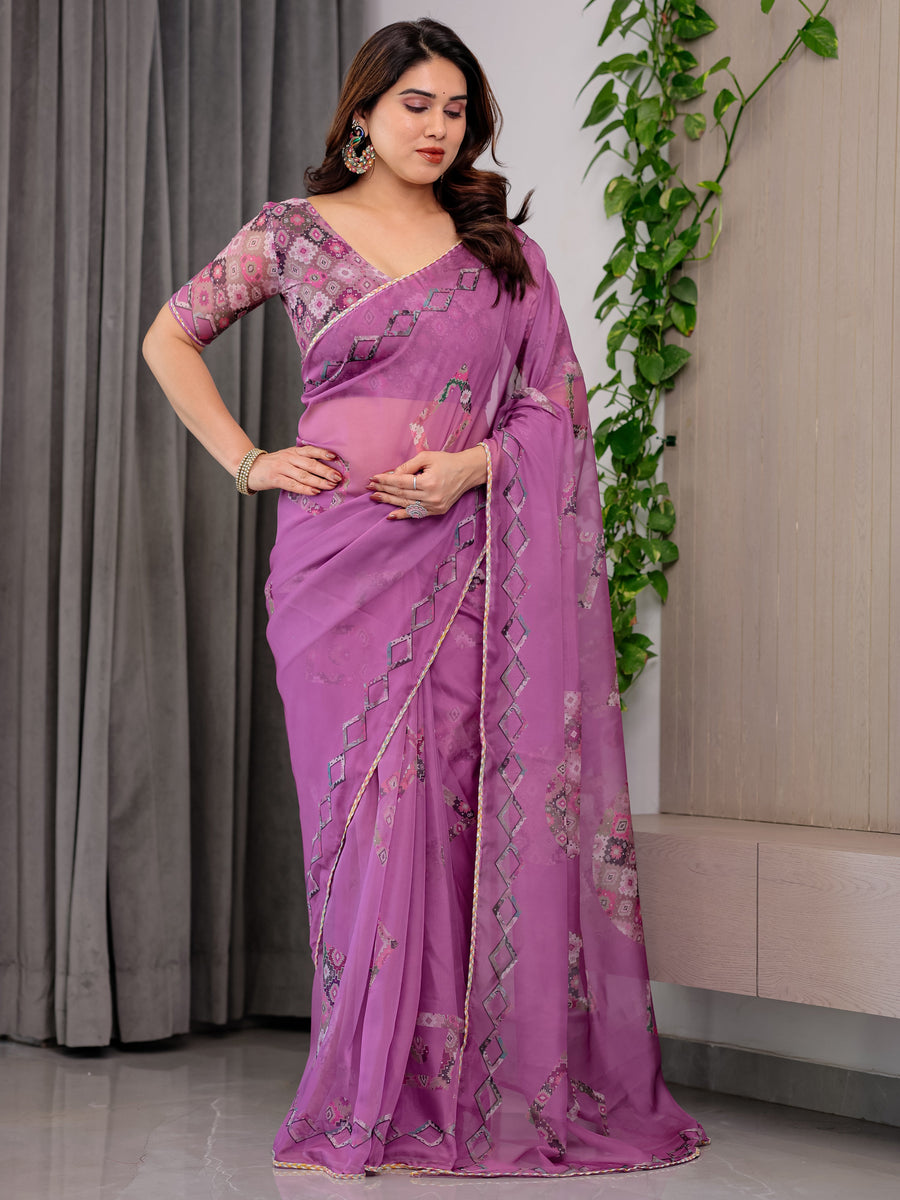 Royal Orchid Pink Printed Organza Saree with Geometric Motif Design & Multicolour Lace Border | Designer Lightweight Organza Saree with Attached Blouse Piece | Festive Wear Saree