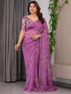 Royal Orchid Pink Printed Organza Saree with Geometric Motif Design & Multicolour Lace Border | Designer Lightweight Organza Saree with Attached Blouse Piece | Festive Wear Saree