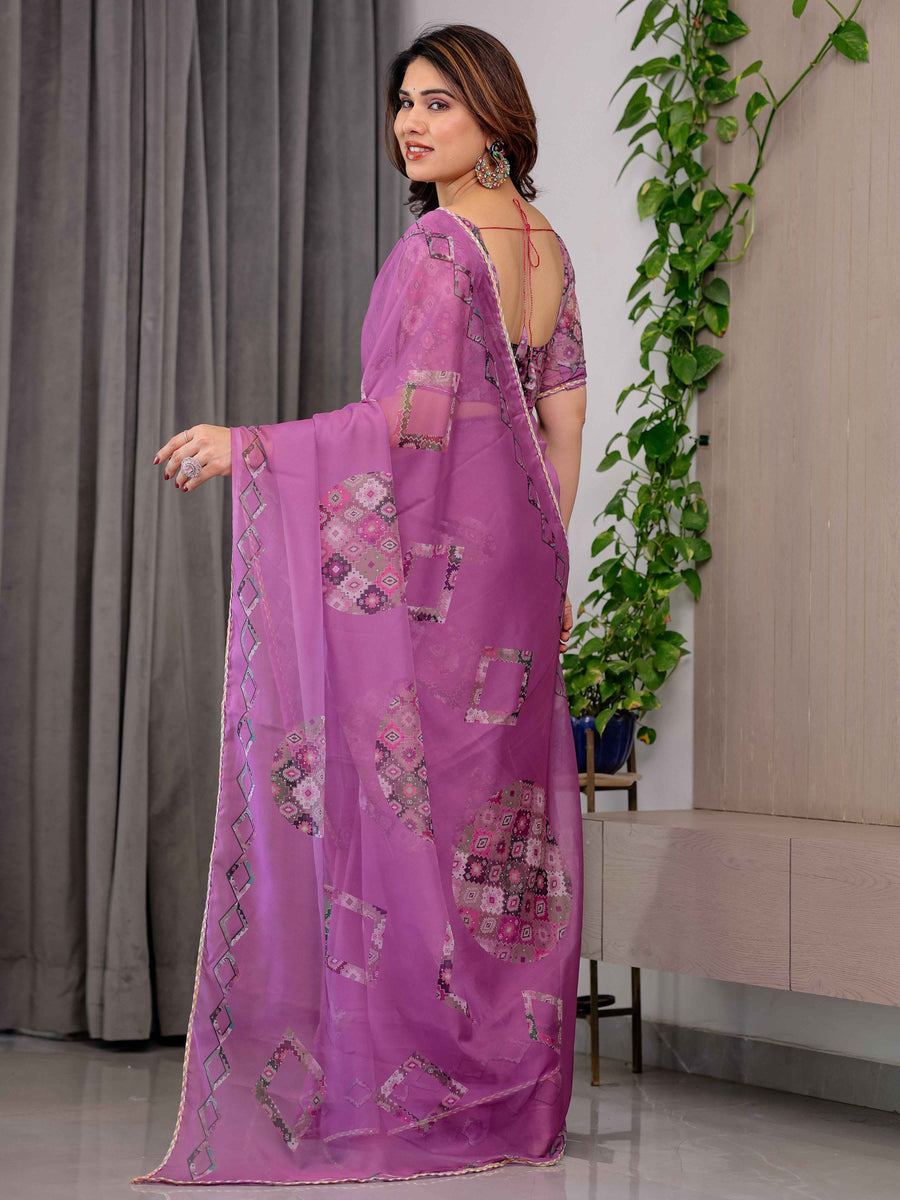 Royal Orchid Pink Printed Organza Saree with Geometric Motif Design & Multicolour Lace Border | Designer Lightweight Organza Saree with Attached Blouse Piece | Festive Wear Saree