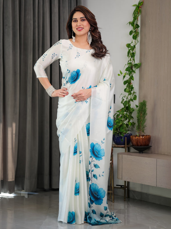 White & Blue Satin Georgette Saree | Watercolour Bloom Print & Back-Tie Blouse – Buy Online