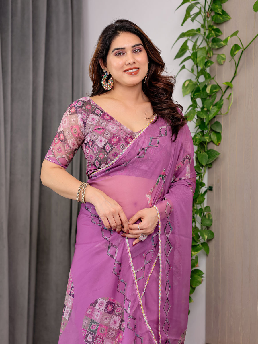 Royal Orchid Pink Printed Organza Saree with Geometric Motif Design & Multicolour Lace Border | Designer Lightweight Organza Saree with Attached Blouse Piece | Festive Wear Saree