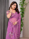Royal Orchid Pink Printed Organza Saree with Geometric Motif Design & Multicolour Lace Border | Designer Lightweight Organza Saree with Attached Blouse Piece | Festive Wear Saree