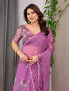 Royal Orchid Pink Printed Organza Saree with Geometric Motif Design & Multicolour Lace Border | Designer Lightweight Organza Saree with Attached Blouse Piece | Festive Wear Saree