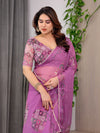 Royal Orchid Pink Printed Organza Saree with Geometric Motif Design & Multicolour Lace Border | Designer Lightweight Organza Saree with Attached Blouse Piece | Festive Wear Saree