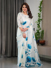 White & Blue Satin Georgette Saree | Watercolour Bloom Print & Back-Tie Blouse – Buy Online