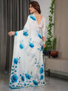 White & Blue Satin Georgette Saree | Watercolour Bloom Print & Back-Tie Blouse – Buy Online