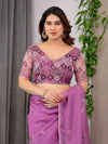 Royal Orchid Pink Printed Organza Saree with Geometric Motif Design & Multicolour Lace Border | Designer Lightweight Organza Saree with Attached Blouse Piece | Festive Wear Saree