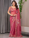 Rose Red Floral Printed Organza Saree with Multicolour Leaf Border | Lightweight Designer Organza Saree with Attached Blouse Piece | Festive & Party Wear Saree