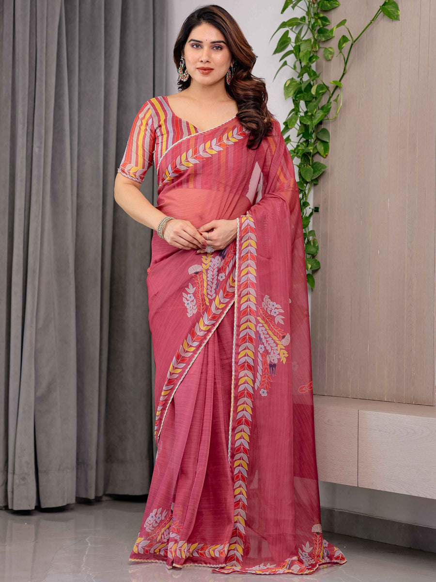 Rose Red Floral Printed Organza Saree with Multicolour Leaf Border | Lightweight Designer Organza Saree with Attached Blouse Piece | Festive & Party Wear Saree