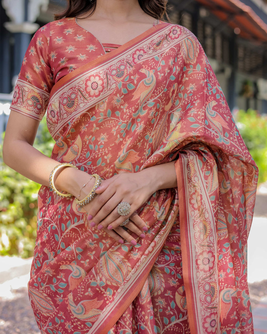 Rust Red Handloom Cotton Saree with Artistic Peacock & Floral Print – Contrast Blouse Included