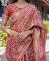 Rust Red Handloom Cotton Saree with Artistic Peacock & Floral Print – Contrast Blouse Included