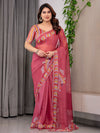 Rose Red Floral Printed Organza Saree with Multicolour Leaf Border | Lightweight Designer Organza Saree with Attached Blouse Piece | Festive & Party Wear Saree
