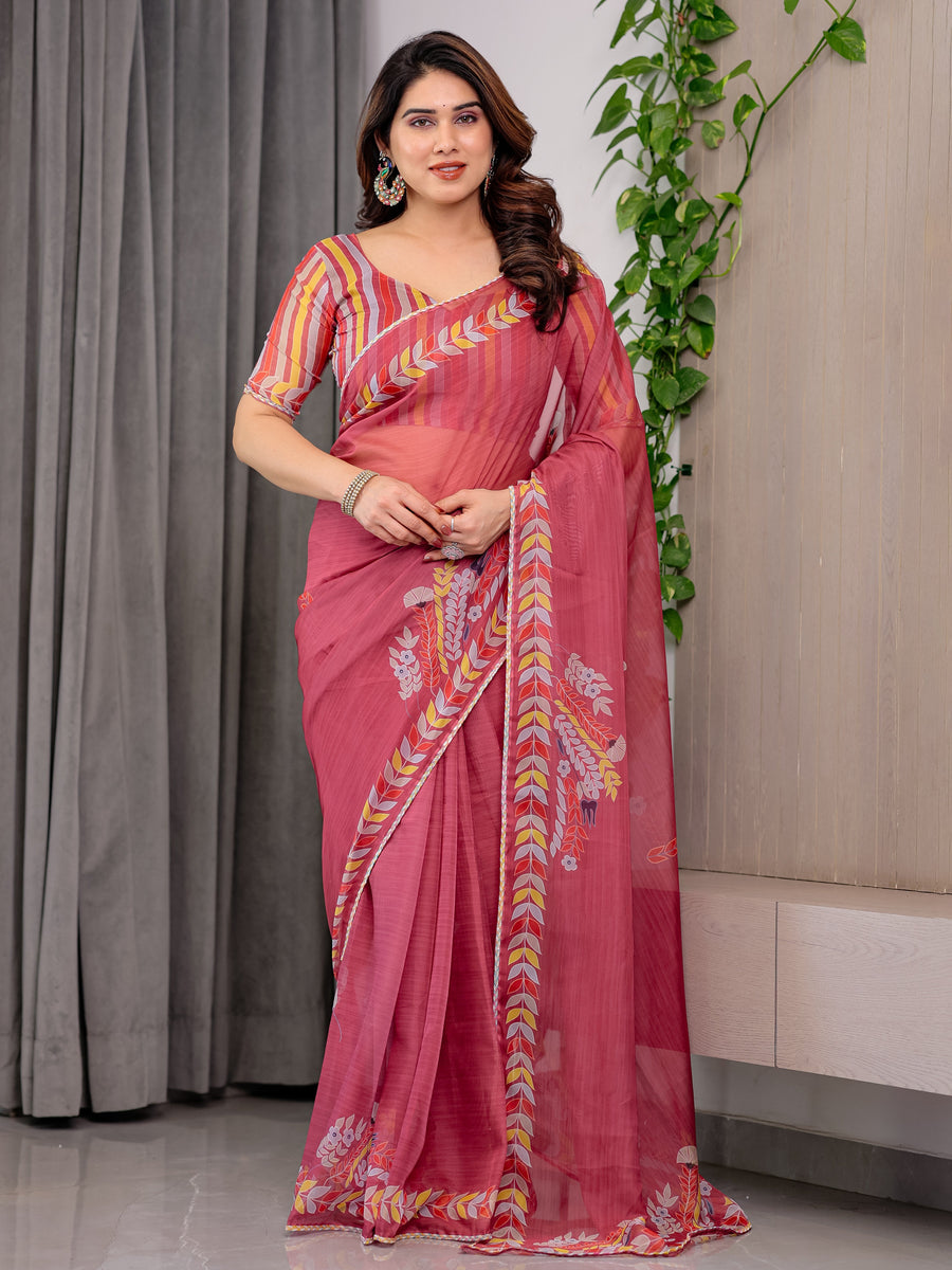 Rose Red Floral Printed Organza Saree with Multicolour Leaf Border | Lightweight Designer Organza Saree with Attached Blouse Piece | Festive & Party Wear Saree