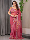 Rose Red Floral Printed Organza Saree with Multicolour Leaf Border | Lightweight Designer Organza Saree with Attached Blouse Piece | Festive & Party Wear Saree