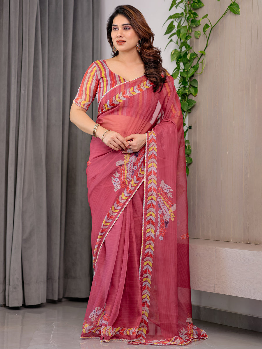 Rose Red Floral Printed Organza Saree with Multicolour Leaf Border | Lightweight Designer Organza Saree with Attached Blouse Piece | Festive & Party Wear Saree