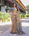 Maroon Handloom Cotton Saree with Peacock Floral Art & Green Pallu