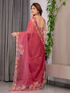 Rose Red Floral Printed Organza Saree with Multicolour Leaf Border | Lightweight Designer Organza Saree with Attached Blouse Piece | Festive & Party Wear Saree