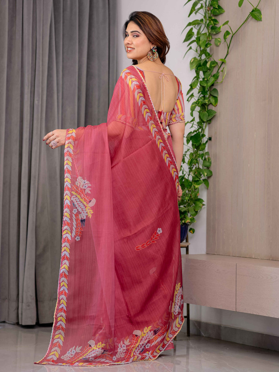 Rose Red Floral Printed Organza Saree with Multicolour Leaf Border | Lightweight Designer Organza Saree with Attached Blouse Piece | Festive & Party Wear Saree