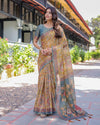 Maroon Handloom Cotton Saree with Peacock Floral Art & Green Pallu