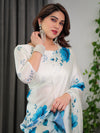 White & Blue Satin Georgette Saree | Watercolour Bloom Print & Back-Tie Blouse – Buy Online