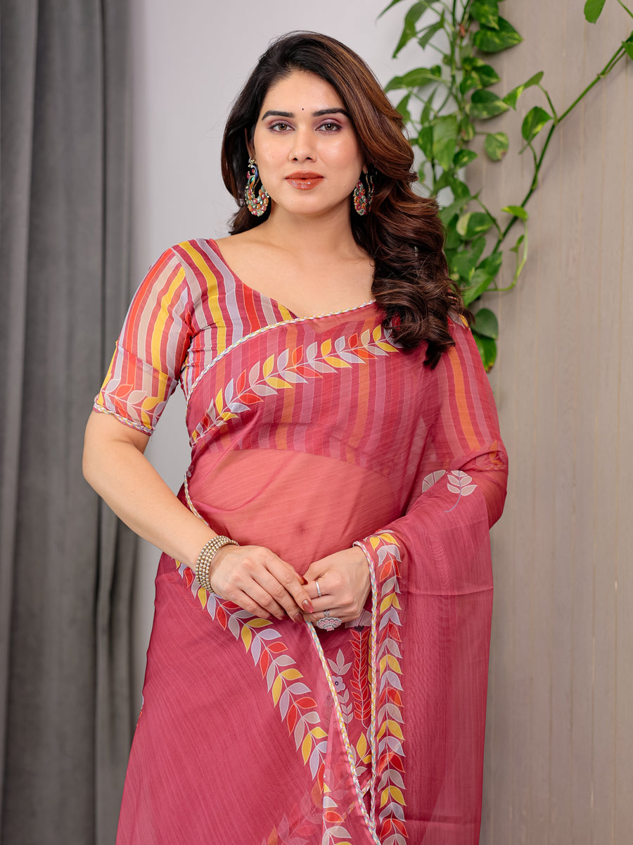 Rose Red Floral Printed Organza Saree with Multicolour Leaf Border | Lightweight Designer Organza Saree with Attached Blouse Piece | Festive & Party Wear Saree