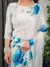White & Blue Satin Georgette Saree | Watercolour Bloom Print & Back-Tie Blouse – Buy Online