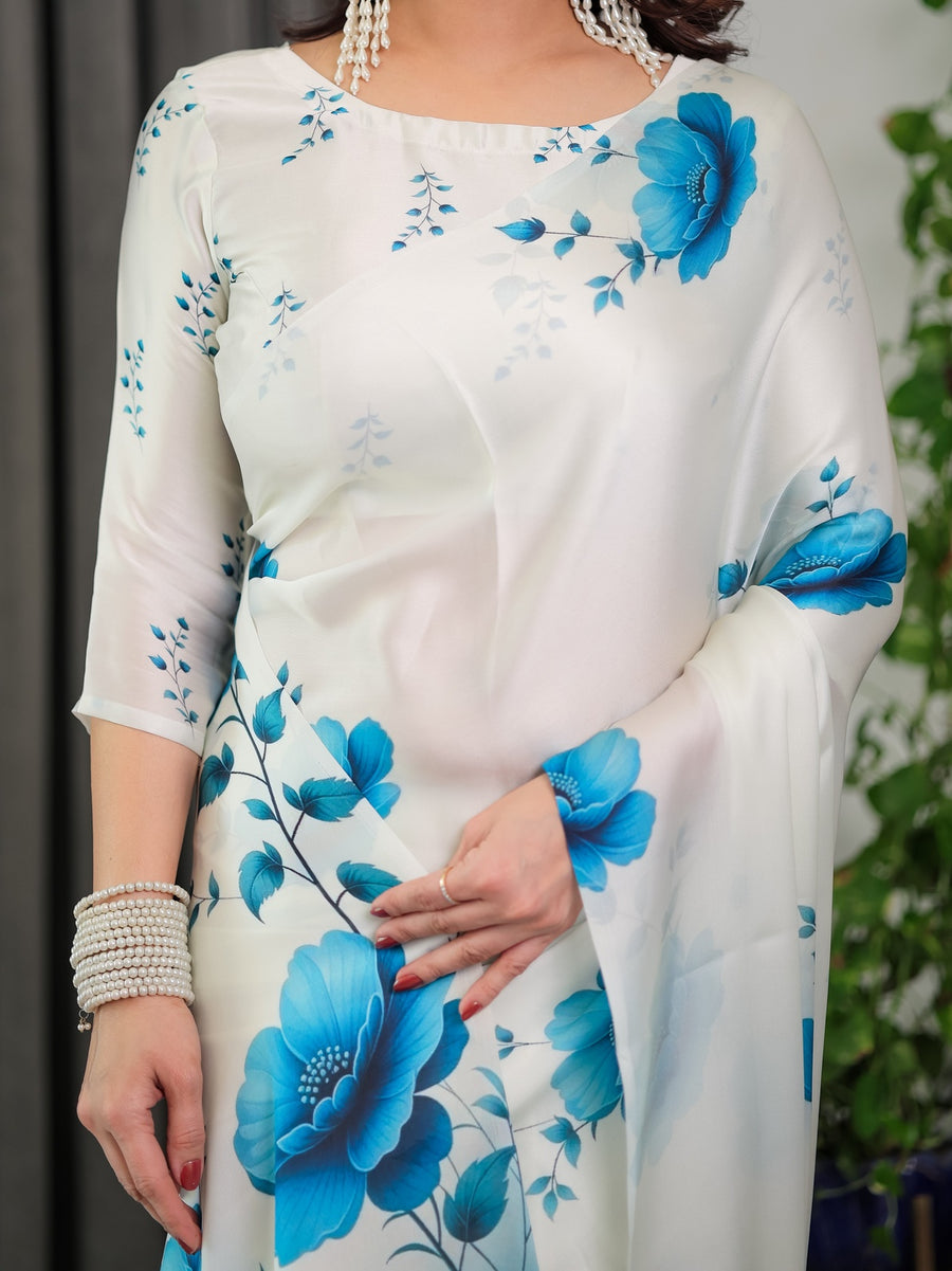 White & Blue Satin Georgette Saree | Watercolour Bloom Print & Back-Tie Blouse – Buy Online