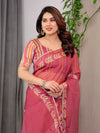 Rose Red Floral Printed Organza Saree with Multicolour Leaf Border | Lightweight Designer Organza Saree with Attached Blouse Piece | Festive & Party Wear Saree