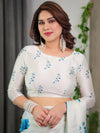 White & Blue Satin Georgette Saree | Watercolour Bloom Print & Back-Tie Blouse – Buy Online