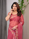 Rose Red Floral Printed Organza Saree with Multicolour Leaf Border | Lightweight Designer Organza Saree with Attached Blouse Piece | Festive & Party Wear Saree