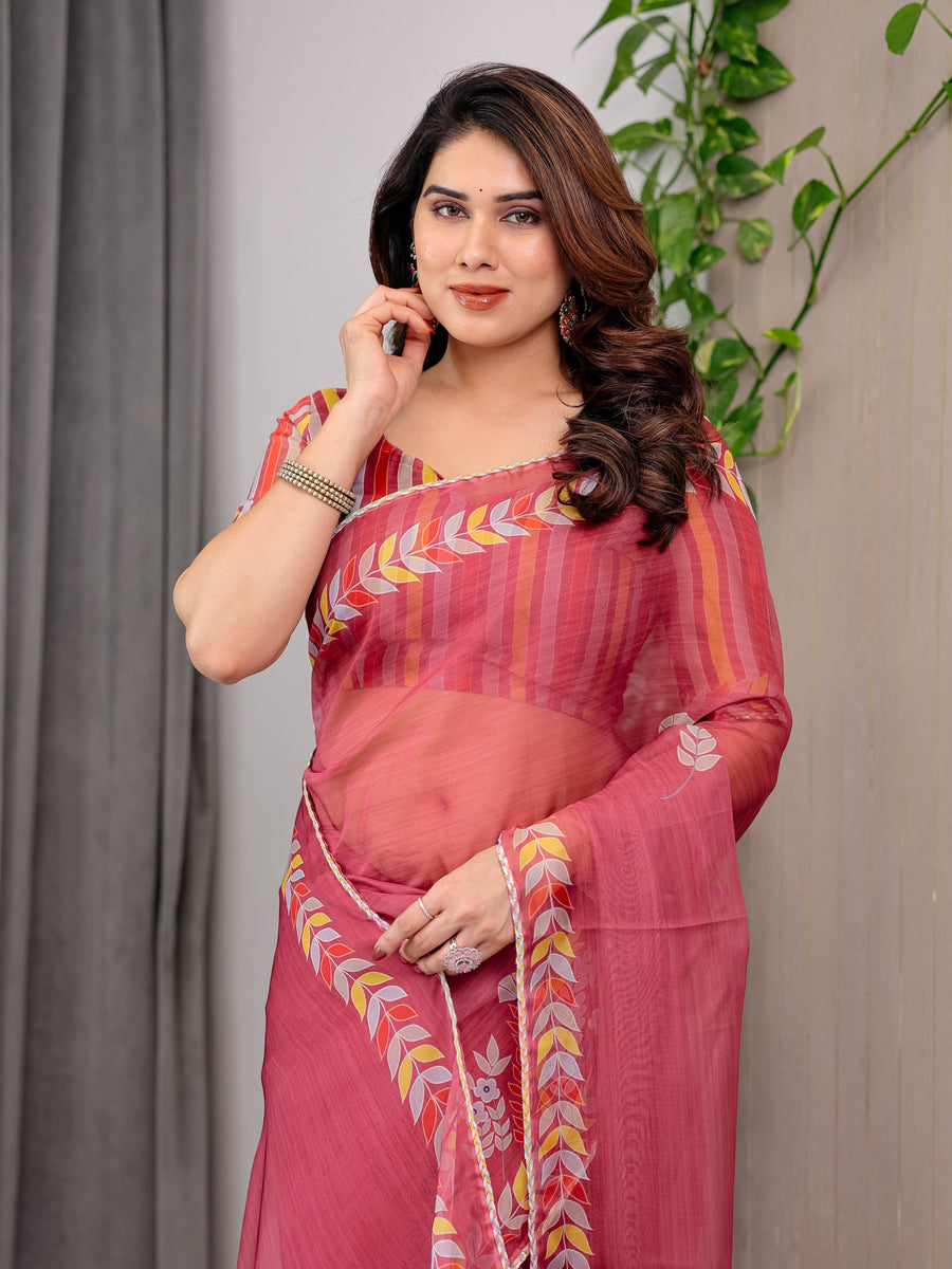 Rose Red Floral Printed Organza Saree with Multicolour Leaf Border | Lightweight Designer Organza Saree with Attached Blouse Piece | Festive & Party Wear Saree